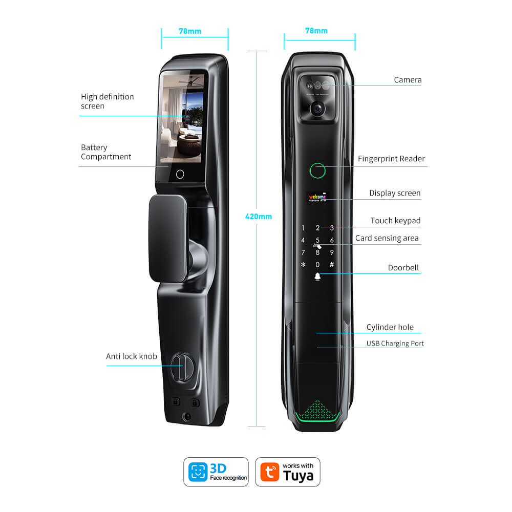 Waterproof Fully Automatic Digital Door Lock Aluminum Handle Biometric Fingerprint Camera 3D Face Lock - Image 2
